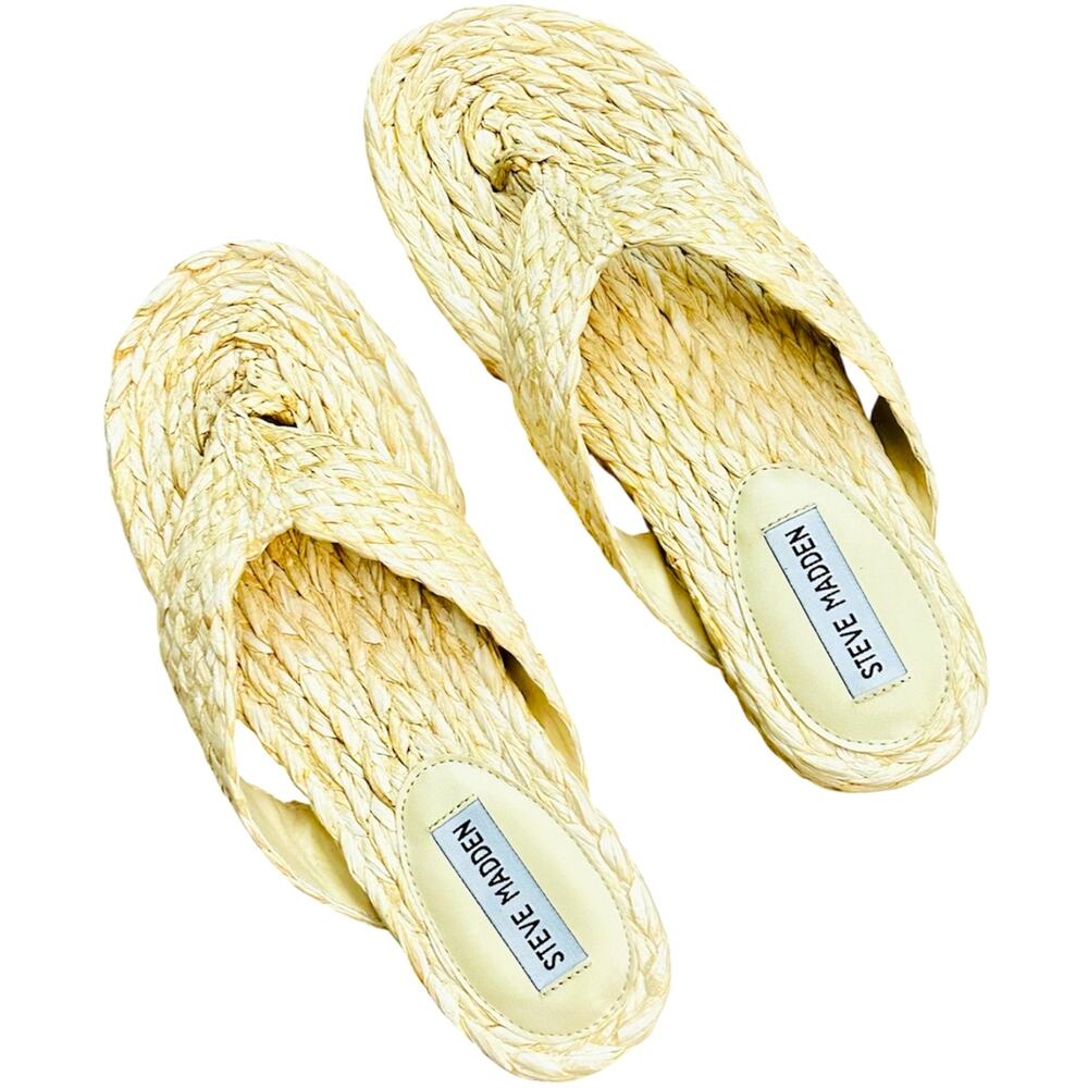 Steve Madden Escape Natural Raffia Platform Thong Y2K Style Sandals Size 9.5